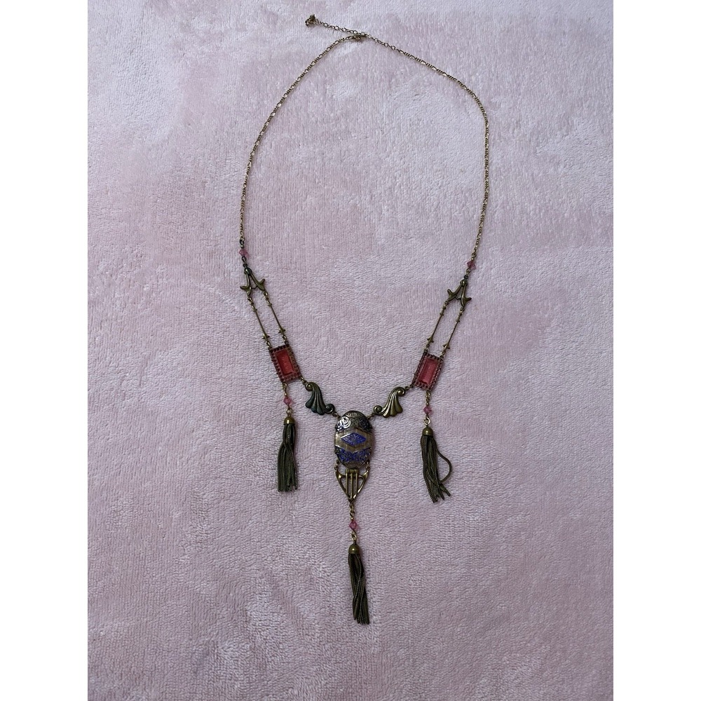 VNT 1970's Signed Sadie Green Pink Sparkly Glass Tassel Necklace Victorian Style